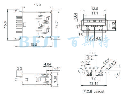 USB插座USB-A-08 3.0参考图纸